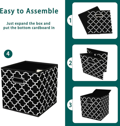 Set of 3 Black Foldable Storage Cubes Bins, Fabric Organizer Baskets with Dual Handles for Home Organizer (Black Light)