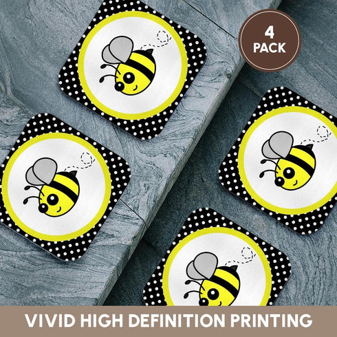 3dRose Cute Yellow Bumble Bee on Black and White Polka Dots, Soft Coasters, Set of 4