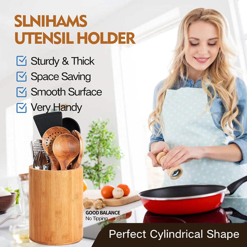 Bamboo Utensil Holder, Large Kitchen Counter Spoon and Chopstick Organizer, Flatware Storage for Countertop