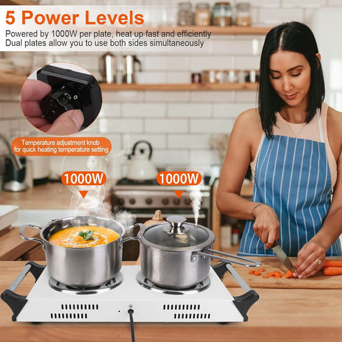 Electric Hot Plate, 2000W Double Burner with Adjustable Temperature & Handles, Black Stainless Steel Cooktop for Home