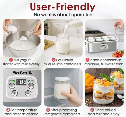 8 48 oz Suteck Yogurt Maker with Glass Jars, Time & Temp Adjustable Control Yogurt Machine, Homemade Greek & Probiotic