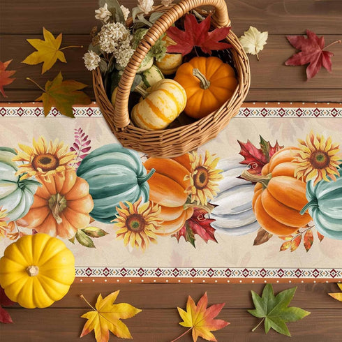 LooPoP 13x120 Inches Thanksgiving Fall Pumpkin Table Runners Maple Leaf Orange Lattice Long Washable Table Runner