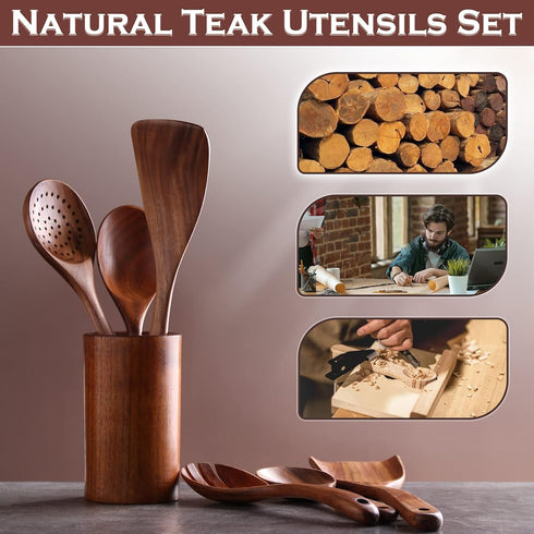 Wooden Spoons for Cooking, 6 Pcs Natural Teak Wood Non-Stick Utensils Set for Kitchen