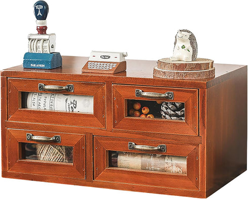 Store and Display Wooden Desk Top Organizer Cabinet, Mahogany Wood Chest with 4 See-Through Drawers