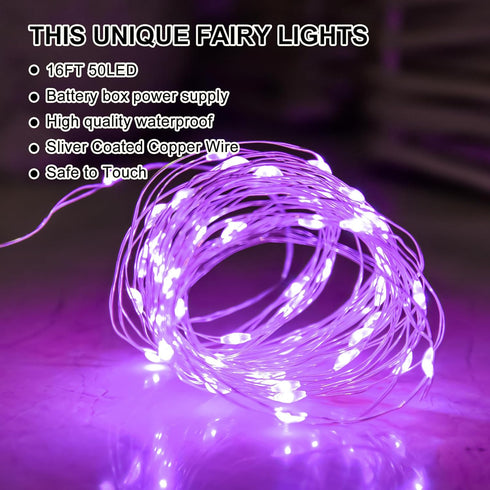 8 16FT 50Led Light Purple Fairy Lights Battery Operated (Included), Modes & Auto Timer, Mini Twinkle Lights, Waterproof