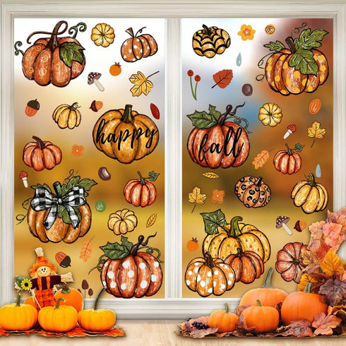 YUJUN 6 Sheets Thanksgiving Fall Window Clings, Pumpkin Maple Leaves Oil Painting Decals for Autumn Home Decor and