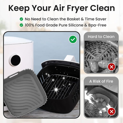 Redfly 2 Pack Silicone Air Fryer Liners, Square Reusable Liners for 4-6 QT Air Fryer Accessories, Gray & Black
