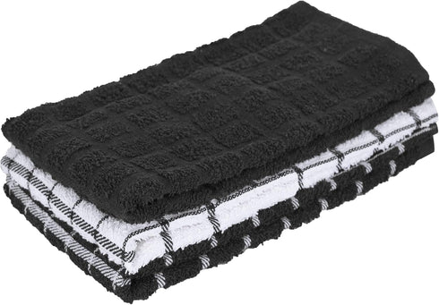 Ritz Premium 100% Cotton Terry Check Kitchen Dish Towels - 3-Pack, Highly Absorbent, 25"x15", Black
