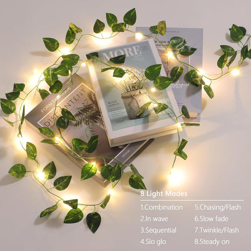 6.56ft 20 8 1 Pack Vines with Lights Battery Operated, LED Pothos with Fairy Lights, Leaf Lights with Modes, Fake Vines