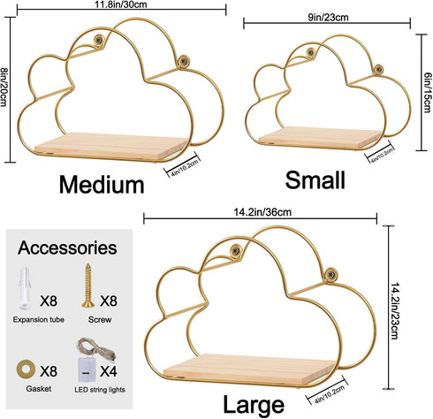 Niemro Set 3 Golden Cloud Shape Floating Shelves with LED Lights Wall Decor,Gold Metal Wire and Wood Base Wall Mounted