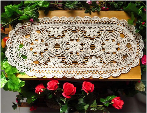 Laivigo Handmade Crochet Lace Oval Lucky Flower Tablecloth Table Runner Doilies, 12x24 Inch, Beige