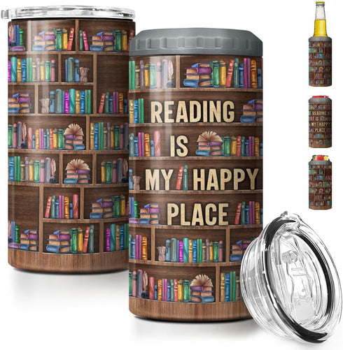 SANDJEST Book Lovers Tumbler Bookshelf 4 in 1 12oz Tumbler Can Cooler