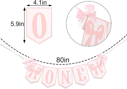 HUHJRUAR Pink and White Highchair Banner - Bow One Banner, Pink White Party Decor- Girl First Birthday Decor Cake Smash
