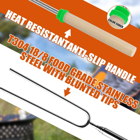Briout Extendable Stainless Steel Roasting Sticks, 32 Inch Smores Sticks for Campfire, Hot Dog Fork, 10 Pack