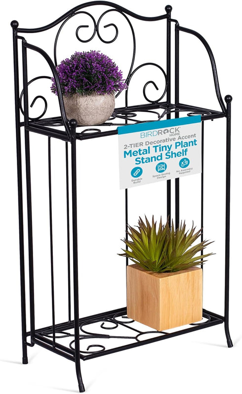 BIRDROCK HOME 2-Tier Metal Tiny Plant Stand Shelf - Decorative Mediterranean Scroll