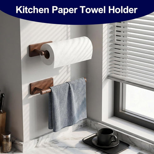 Wooden Paper Towel Holder for Kitchen,Adhesive Acacia Wood Paper Towel Holders Under Cabinet, Wall Mount Kitchen Paper