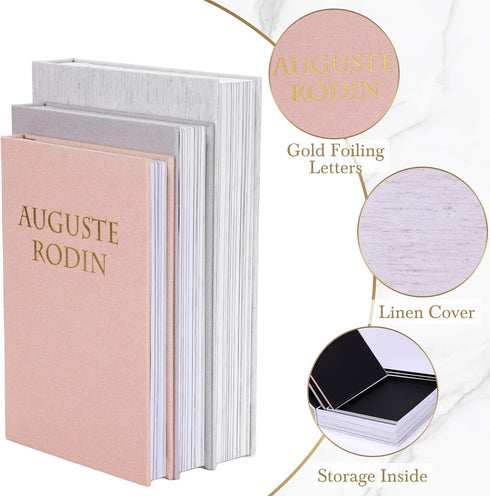 Set 3 XKDOUS of Linen Decorative Books with Gold Foil Cover Faux Book Storage Box for Coffee Table, Bathroom Shelf