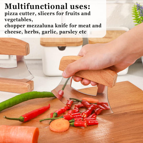 Hanaive 2 Pack 4 x 5 inch Mezzaluna Ulu Knife, Salad Veggies Rocker Chopper Slicer Cutter with Wooden Display Stand for