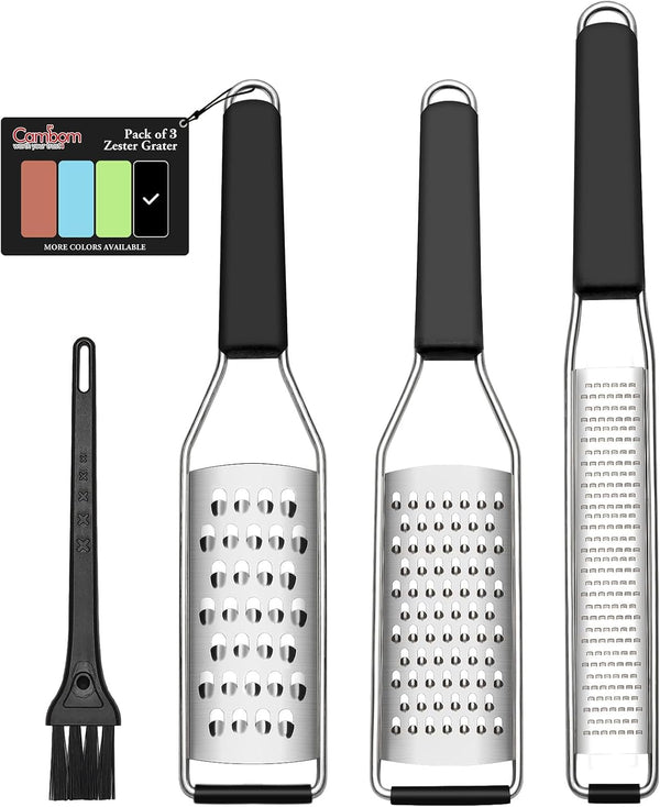 Cambom Heavy Duty Lemon Zester Grater Three-Piece Suit, Kitchen Tool for Parmesan Cheese, Ginger, Garlic, Stainless