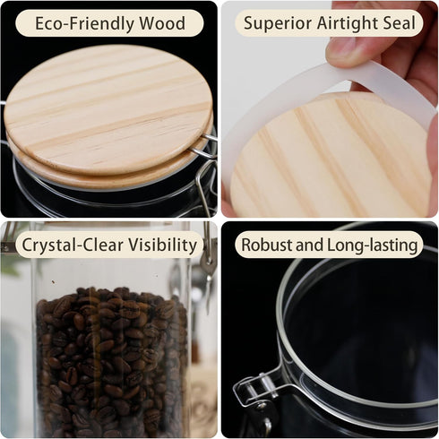 Set 3 Glass Coffee Canister with Shelf & Spoons - Piece Airtight Seal Coffee Bean Storage Containers & Filter Holder