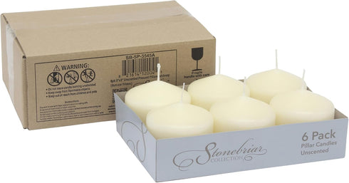 Stonebriar 6 Pack Tall 3 x 3 Inch 18 Hour Long Burning Unscented Ivory Wax Pillar Candles