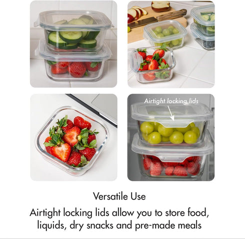 Square Glass Storage Container, Stackable BPA Free Airtight Seal Food Containers with Lids, 5"x5" x 2.5", 4 Pack, White