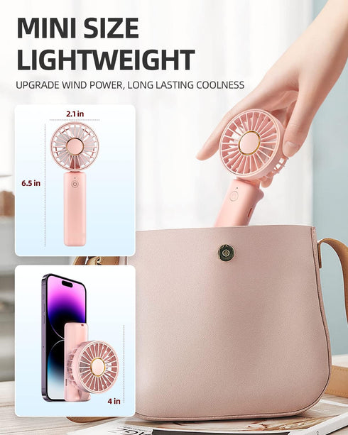 FrSara Mini Handheld Fan, Rechargeable Small Folding Fan, 3-Speed, 2000mAh Power Bank, Portable for Outdoor Travel