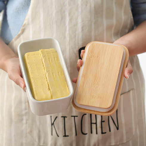 Hasense Large Butter Dish with Lid - Ceramic Airtight Butter Keeper for Countertop, Farmhouse Decor, White