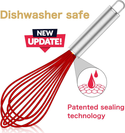 Silicone Rubber Whisk Set of 3 - Premium Non Scratch Kitchen Whisks for Nonstick Cookware, Red+Blue+Green