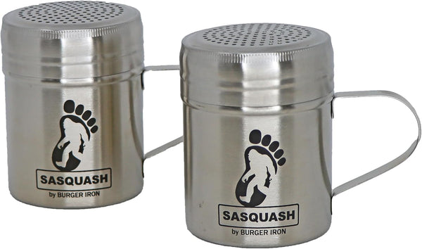 The Sasquash Spice Shaker - Professional Grade 10oz Stainless Steel Smash Burger Dredge Shaker with Lid, 2 Pack