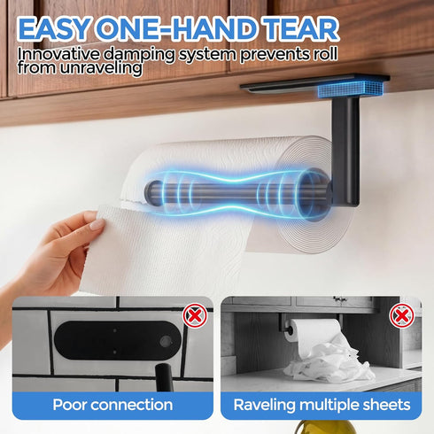 zaa Paper Towel Holder Under Cabinet - Self Adhesive or Drilling Paper Towel Holder Wall Mount, One Hand Tear Black