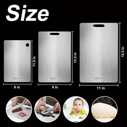Fittakan 316 (3PC-S+L+XL) Stainless Steel Cutting Board for Kitchen, Medical Grade Double Sided Non Toxic & Non Moldy