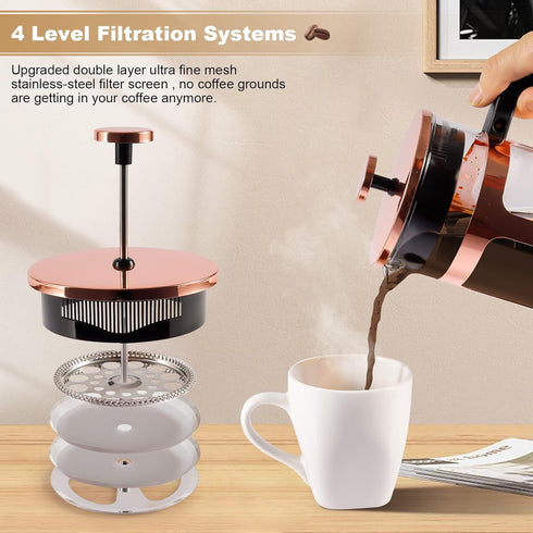 French Press Coffee Tea Maker, Upgrade Heat Cold Resistant Thickened Glass, 4 Level Stainless Steel Filtration, 1000ml