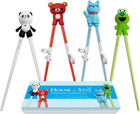 Kids Training Chopsticks for Toddlers and Adults, Removable Finger Helpers with Animal Design (BPA-Free, 4-Pack)