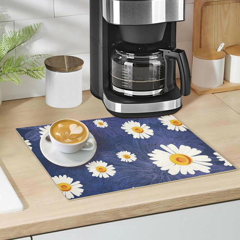 Coffee Mat Leather Coffee Bar Mat, Absorbent Dish Drying Mat 18x12 Inch for Countertops, Blue Sunflower Design