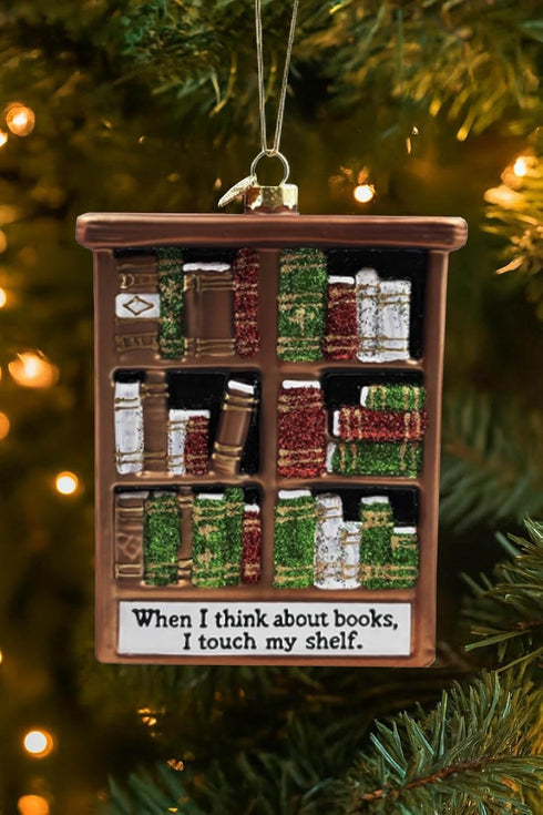 HolyHaHa 5" When I Think About Books, I Touch My Shelf, Funny Glass Blown Bookshelf Ornament, Gag Gifts for Readers