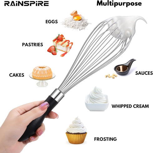 12-Inch Stainless Steel Wire Whisk, Balloon Whisks for Cooking, Black Wisking Tool with Soft Silicone Handle