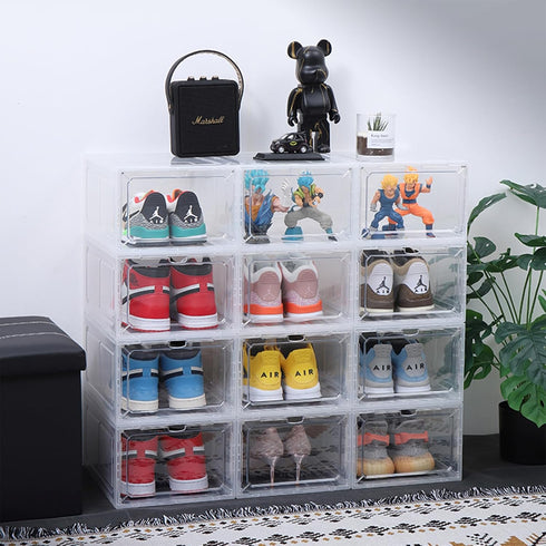 4pcs, Closet, Large Shoe Organizer Stackable with Magnetic Door DVD/CD Storage Clear Shoe Boxes for Foldable
