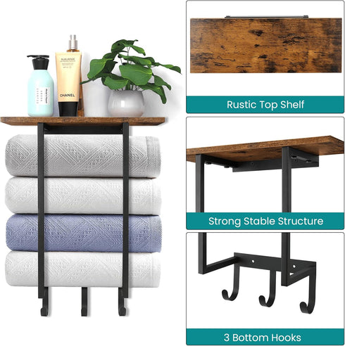 3 ELITEROO Towel Racks for Bathroom Wall Mounted, Towel Holder with Wooden Shelf and Hooks for Washcloths Hand Towel