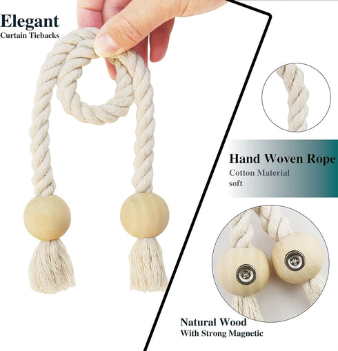 2 Pack Cotton Hand Woven Magnetic Curtain Tiebacks, Decorative Rope Holdbacks for Curtains Draperies, No Tools