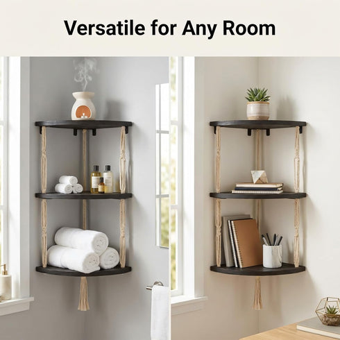 3-Tier REFGY Corner Floating Shelves with Aesthetic Greenery & Fairy Lights - Premium Wood-Textured Boho Wall Hanging