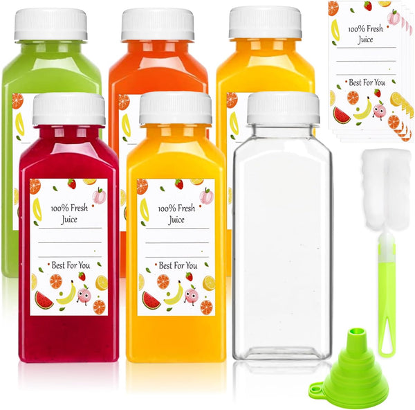 Leaflai Plastic Juice Bottles with Caps 6 pcs - 12oz Reusable Juice Containers