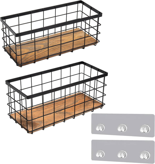 TIEYIPIN Black Metal Wire Storage Baskets with Wood Bottoms, Set of 2 Bathroom Organizer Bins, Includes 2 Bonus