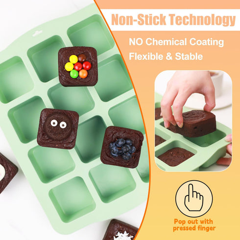 Silicone Brownie Pan with Dividers, 2 Set Non-Stick Baking Molds for Brownie Bites, Fudges, Keto Fat Bombs (12-Cavity)
