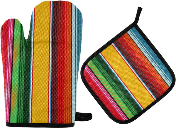 Oven Mitts and Pot Holders, Mexican Traditional Ethnic Striped Heat Resistant Gloves