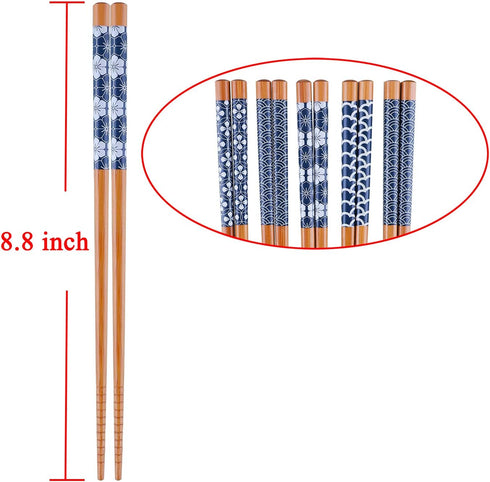 Antner 10 Pairs Reusable Natural Bamboo Chopsticks, Japanese Style, Dishwasher Safe, 8.8 Inch/22.5cm