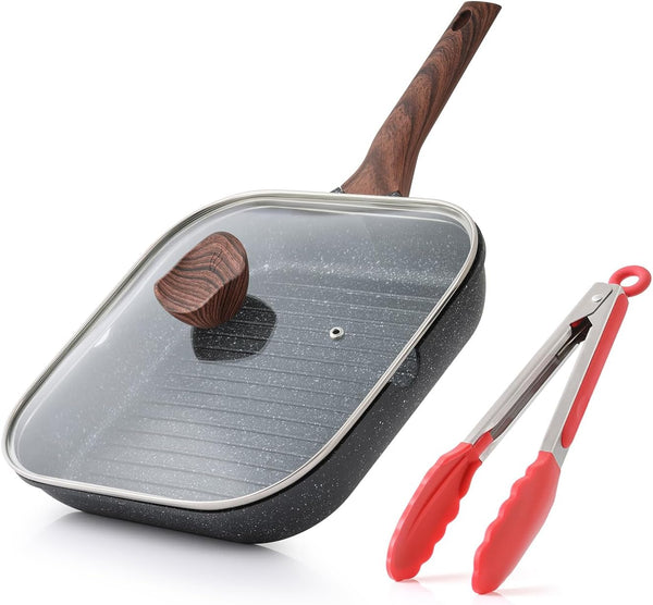 Nonstick 11 Inch Square Grilling Pan with Lid for Stove Tops, Granite Coating Grill Skillet for Indoor Cooking, PFOA