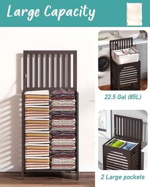 Laundry Hamper with Lid - 22.5 Gallon (85L) Bamboo Wood Clothes Basket with Lid and Handles, Brown