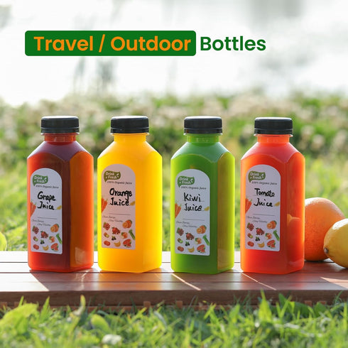 24 PACK, 12 OZ 24 2 Reusable Plastic Juice Bottles with Caps, Plus Labels & Silicone Funnels - Clear Juicing Bottles