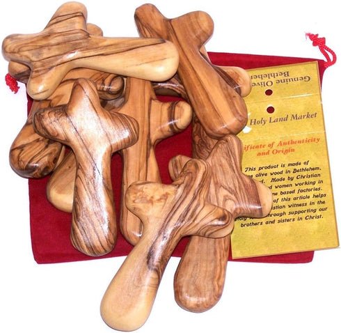 10 Olive Wood Holding Hand Crosses with Gift Bags in Red or Black Velvet